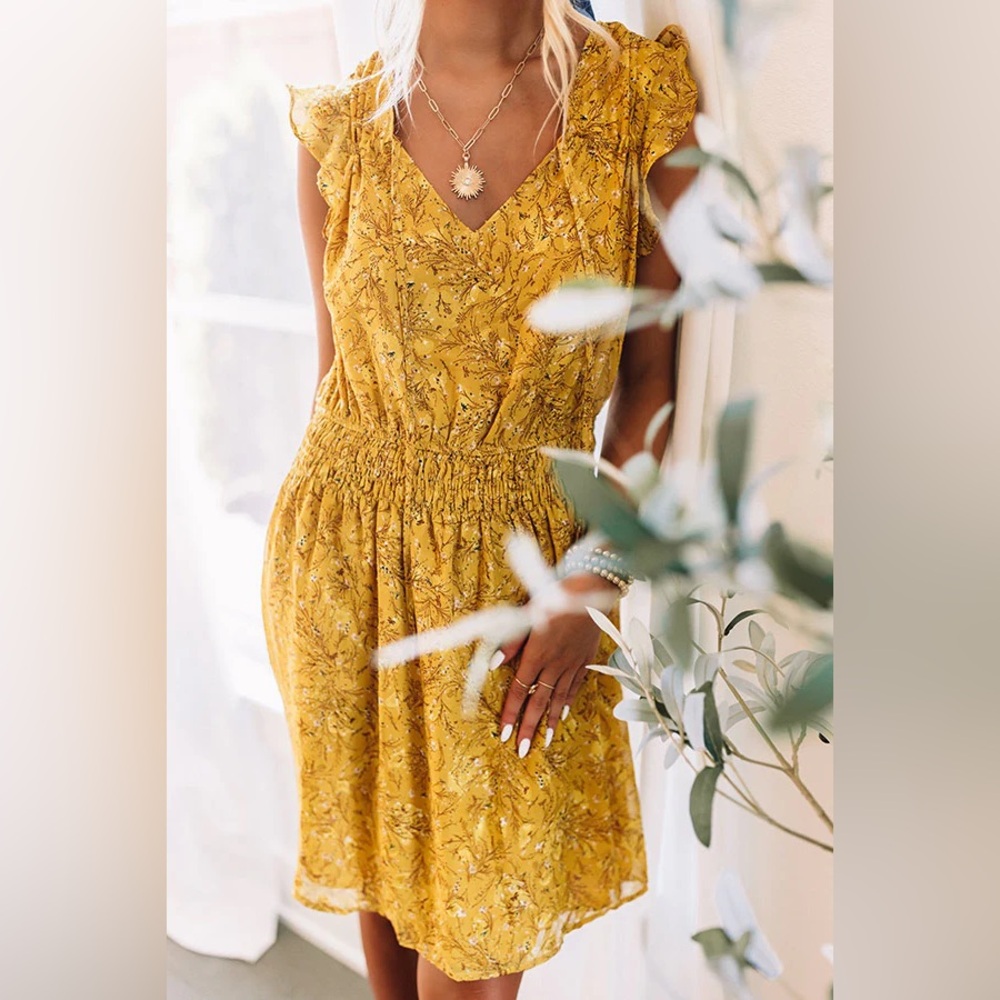 Skies Are Blue NWT Mustard Yellow Floral Midi Dress